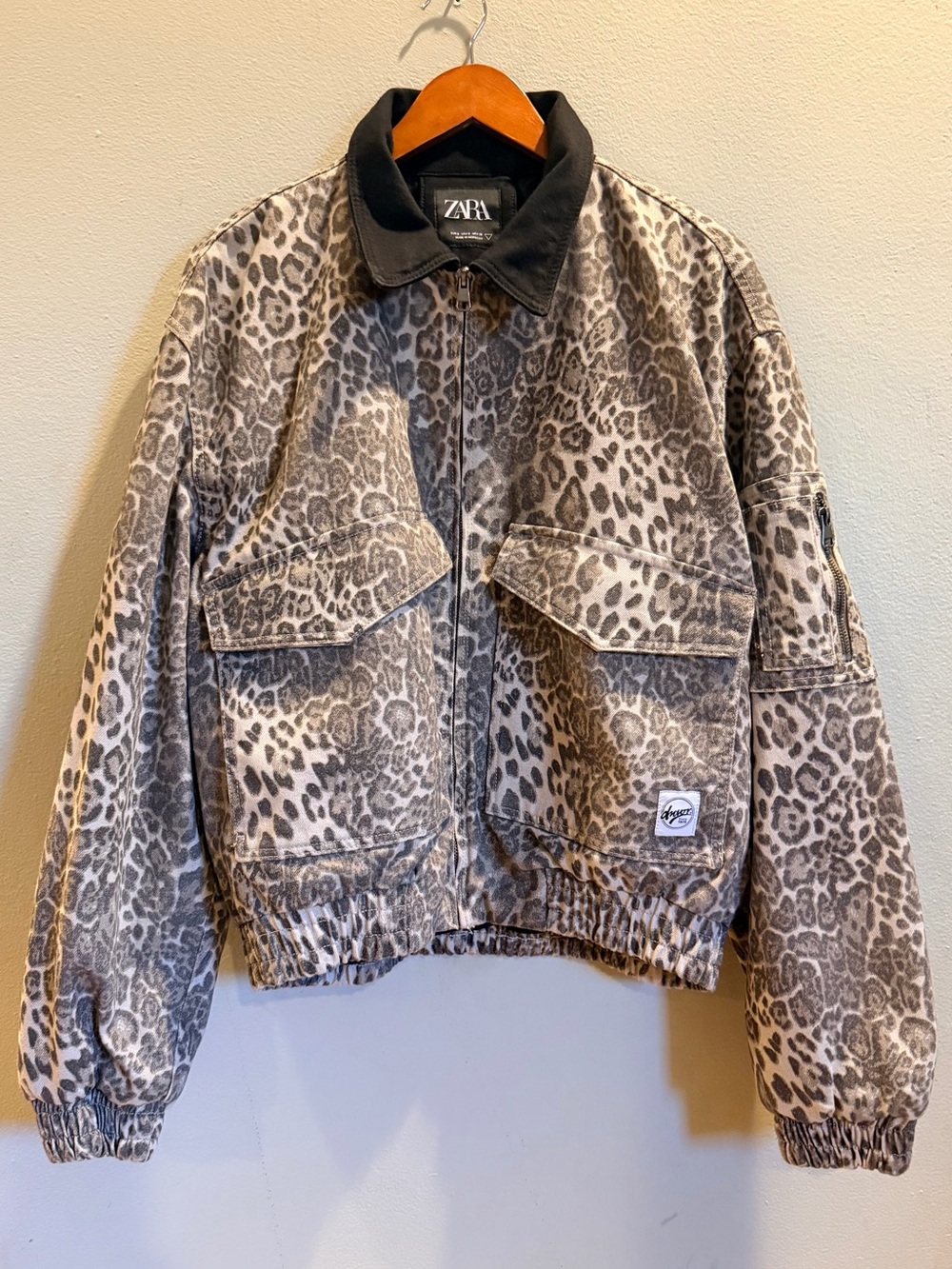 ZARA Leopard Print Denim Bomber Jacket with Black Collar for Men